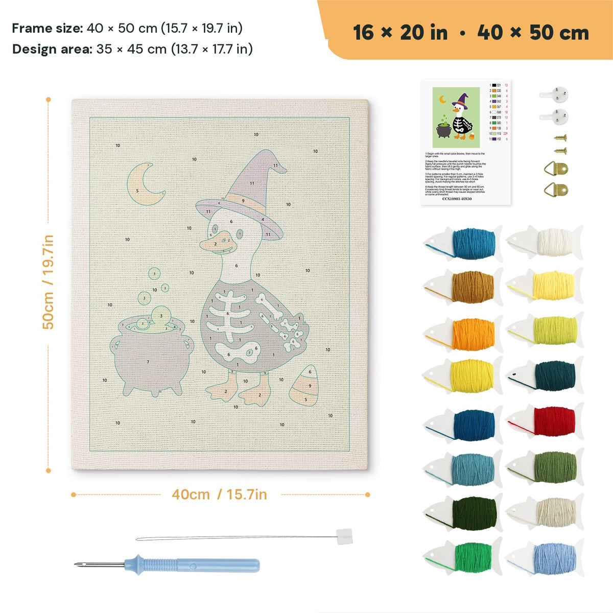Skeleton Suit Goose punch needle kit, 16 × 20 in (40 × 50 cm): canvas size and kit contents