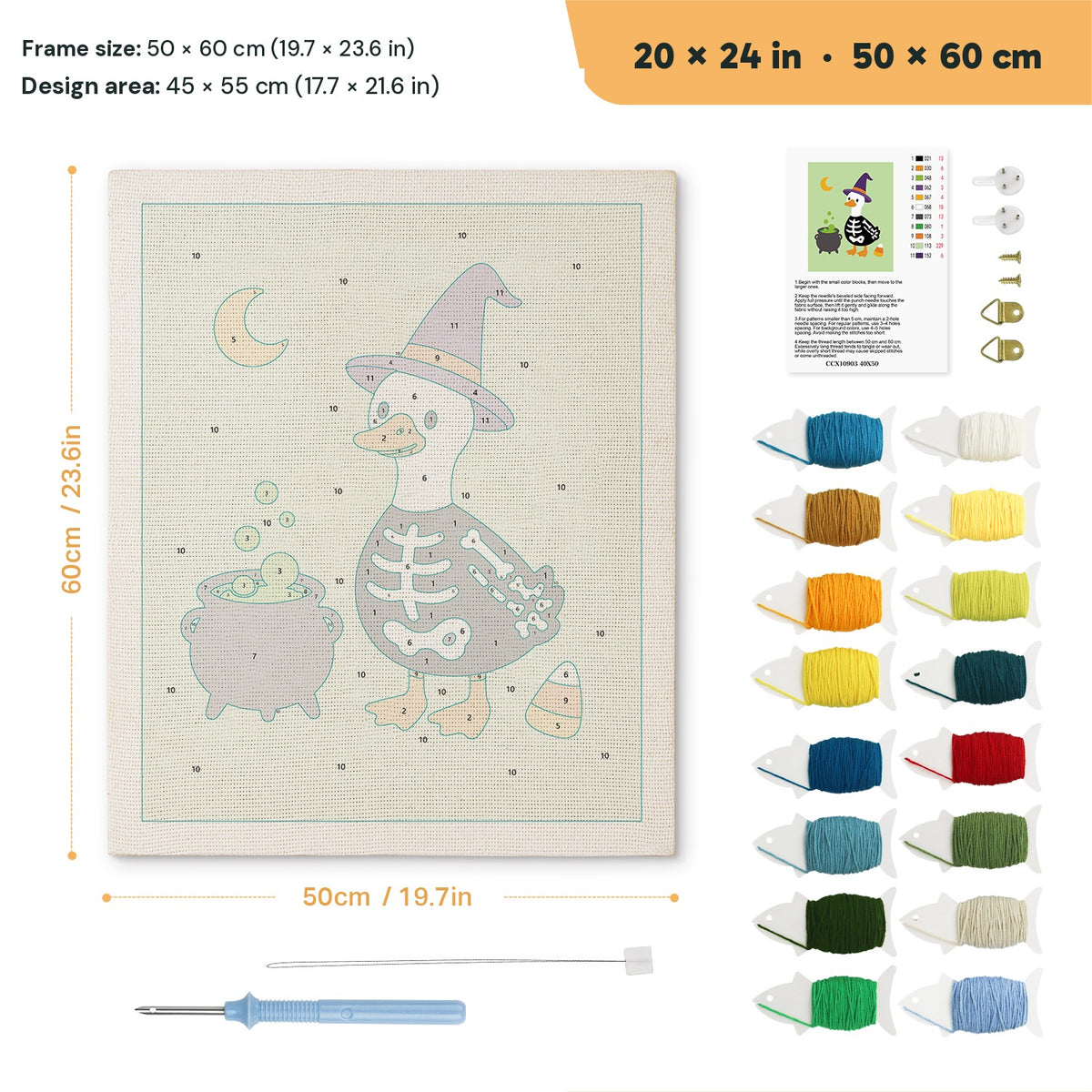 Skeleton Suit Goose punch needle kit, 20 × 24 in (50 × 60 cm): canvas size and kit contents