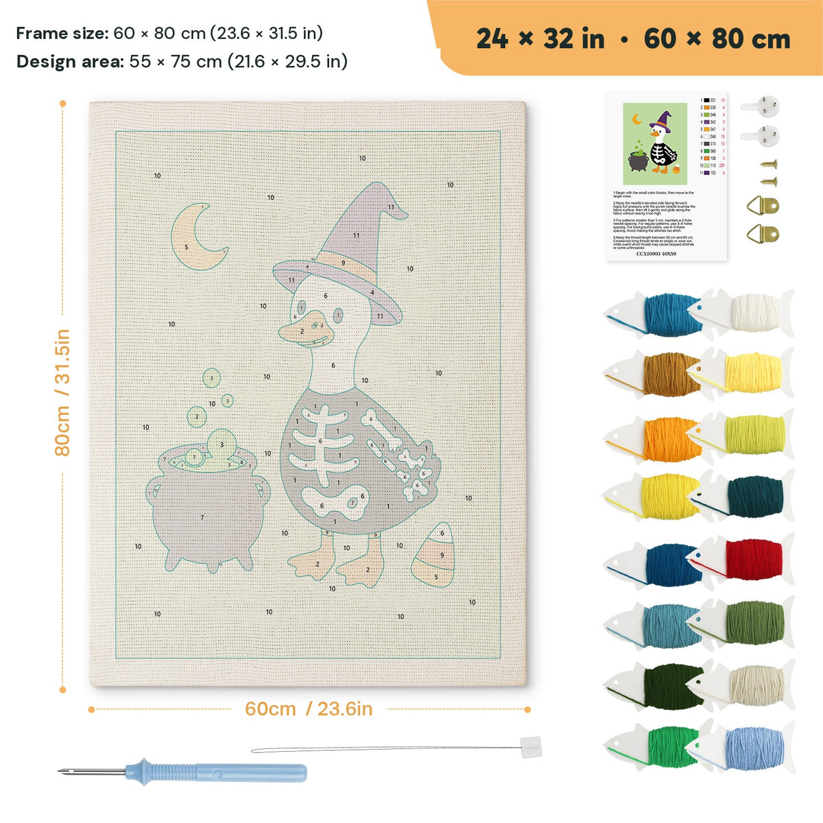 Skeleton Suit Goose punch needle kit, 24 × 32 in (60 × 80 cm): canvas size and kit contents