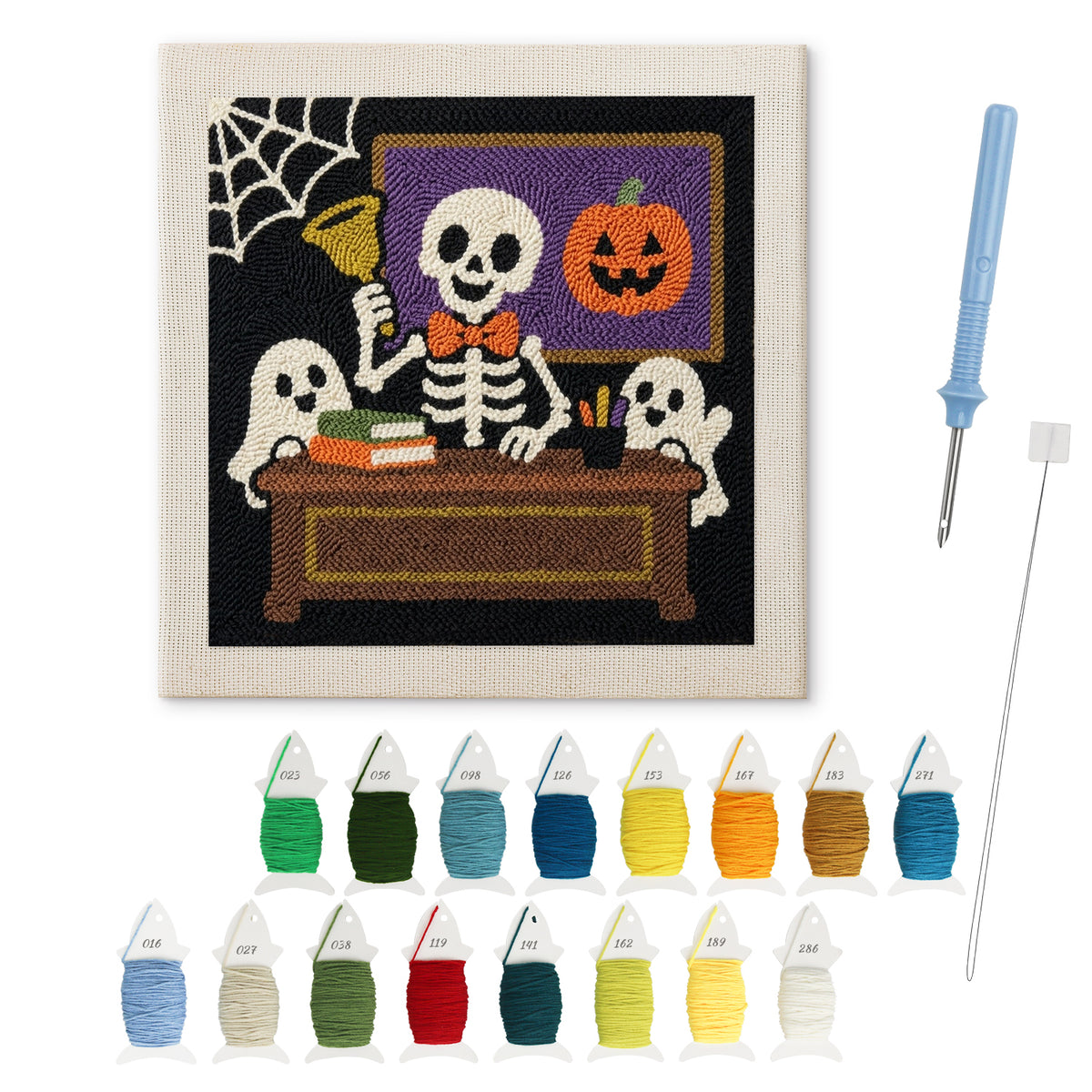 Skeleton Teacher punch needle kit: finished canvas with threads, punch needle and threader