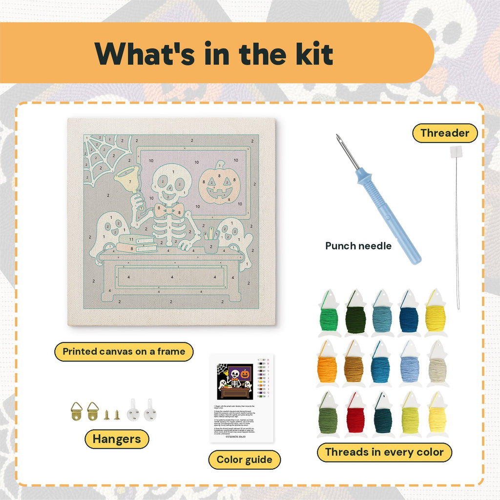 What is in the Skeleton Teacher kit: printed canvas, punch needle, threader, threads, color guide and hangers