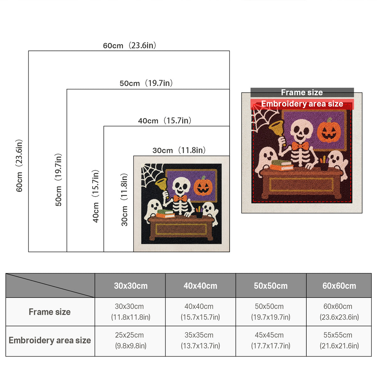 Size chart for square punch needle kits from 30 x 30 cm to 60 x 60 cm
