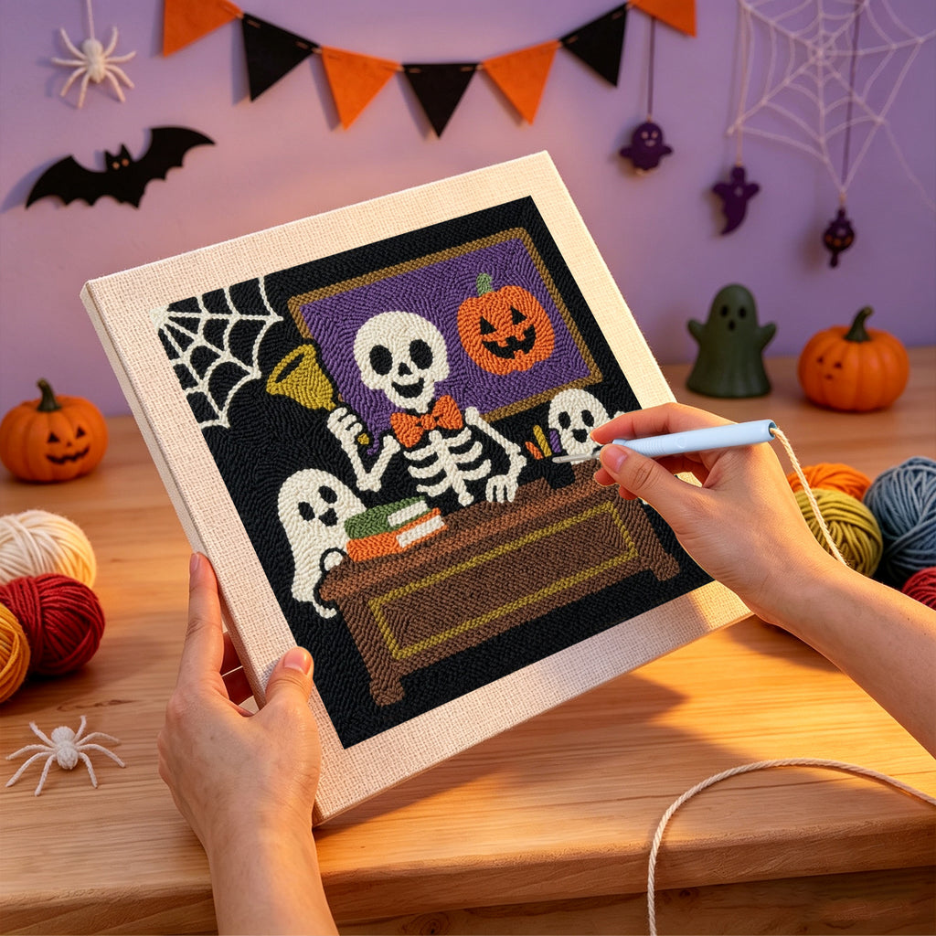 Punching the Skeleton Teacher design with the punch needle