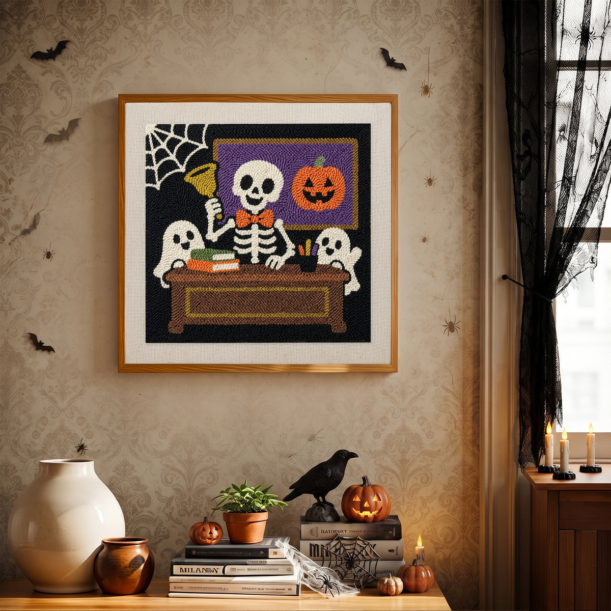 Finished Skeleton Teacher punch needle canvas on a wall