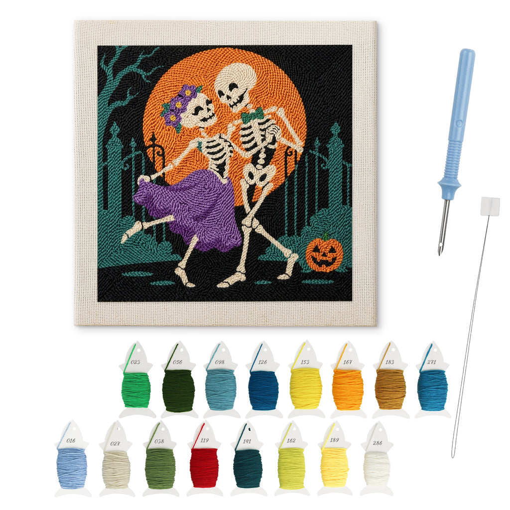 Skeleton Waltz punch needle kit: finished canvas with threads, punch needle and threader