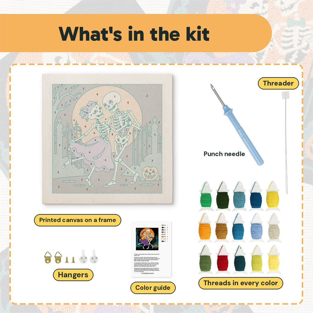 What is in the Skeleton Waltz kit: printed canvas, punch needle, threader, threads, color guide and hangers