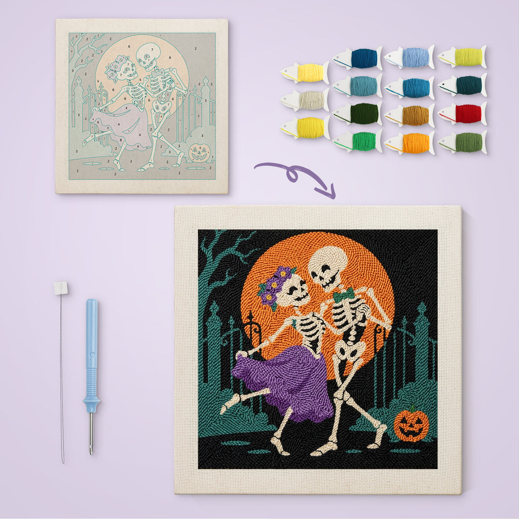 Skeleton Waltz canvas before and after punching, with the threads and tools