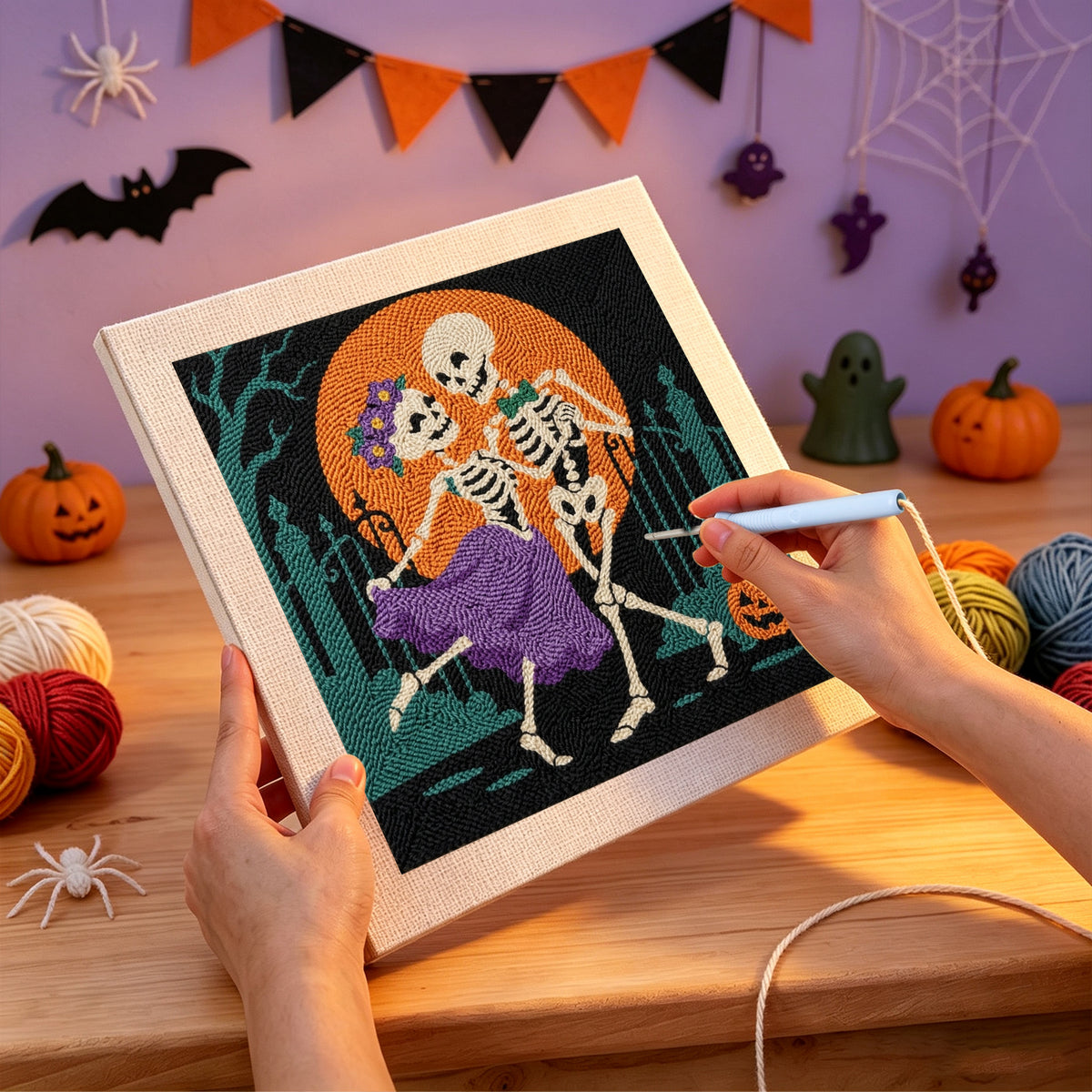 Punching the Skeleton Waltz design with the punch needle