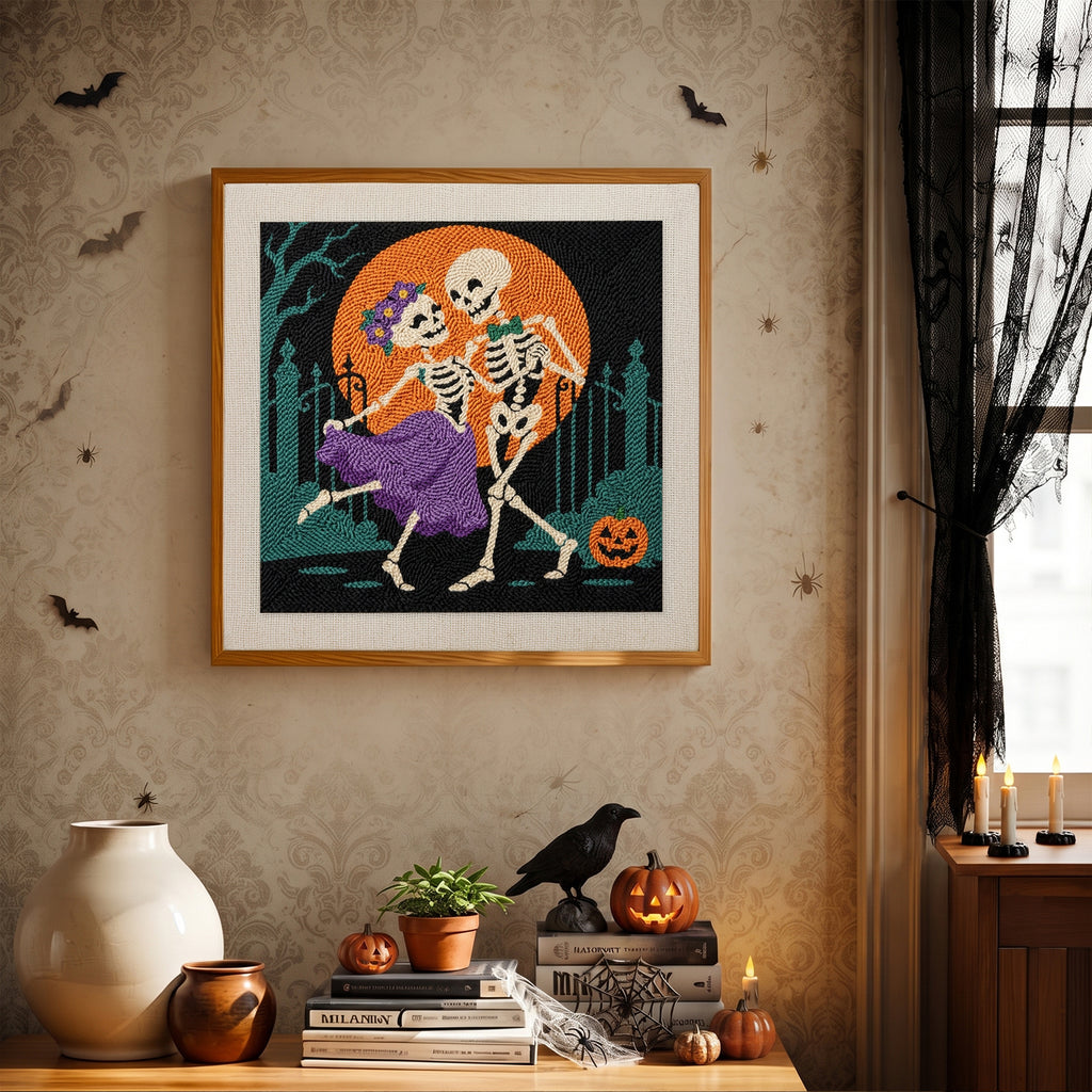 Finished Skeleton Waltz punch needle canvas on a wall