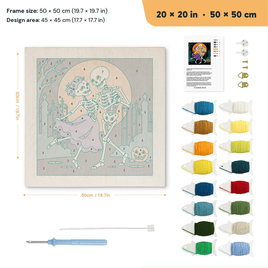 Skeleton Waltz punch needle kit, 20 × 20 in (50 × 50 cm): canvas size and kit contents