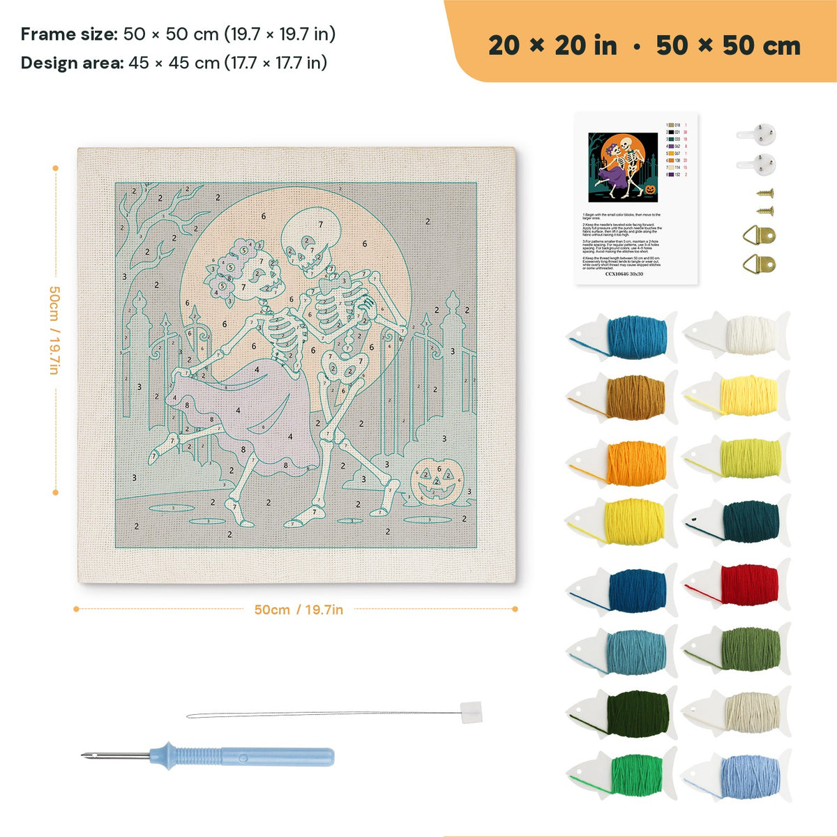 Skeleton Waltz punch needle kit, 20 × 20 in (50 × 50 cm): canvas size and kit contents