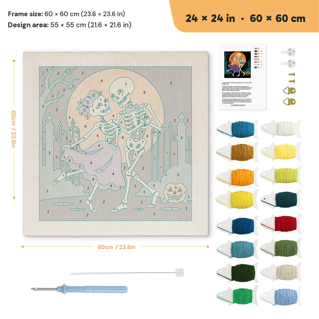 Skeleton Waltz punch needle kit, 24 × 24 in (60 × 60 cm): canvas size and kit contents