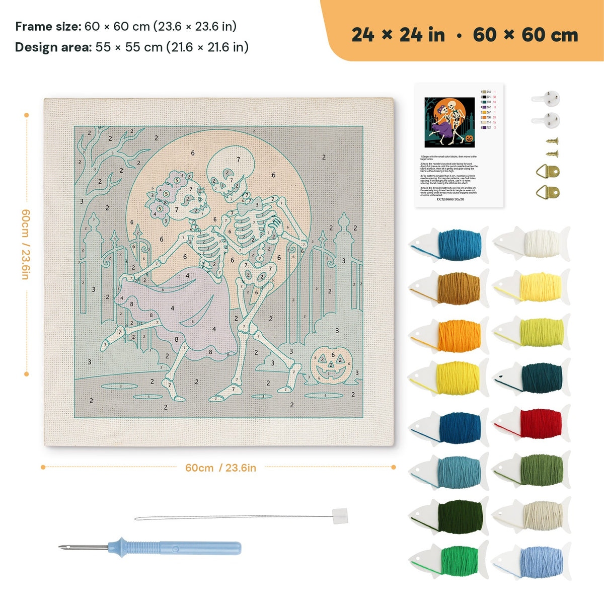 Skeleton Waltz punch needle kit, 24 × 24 in (60 × 60 cm): canvas size and kit contents
