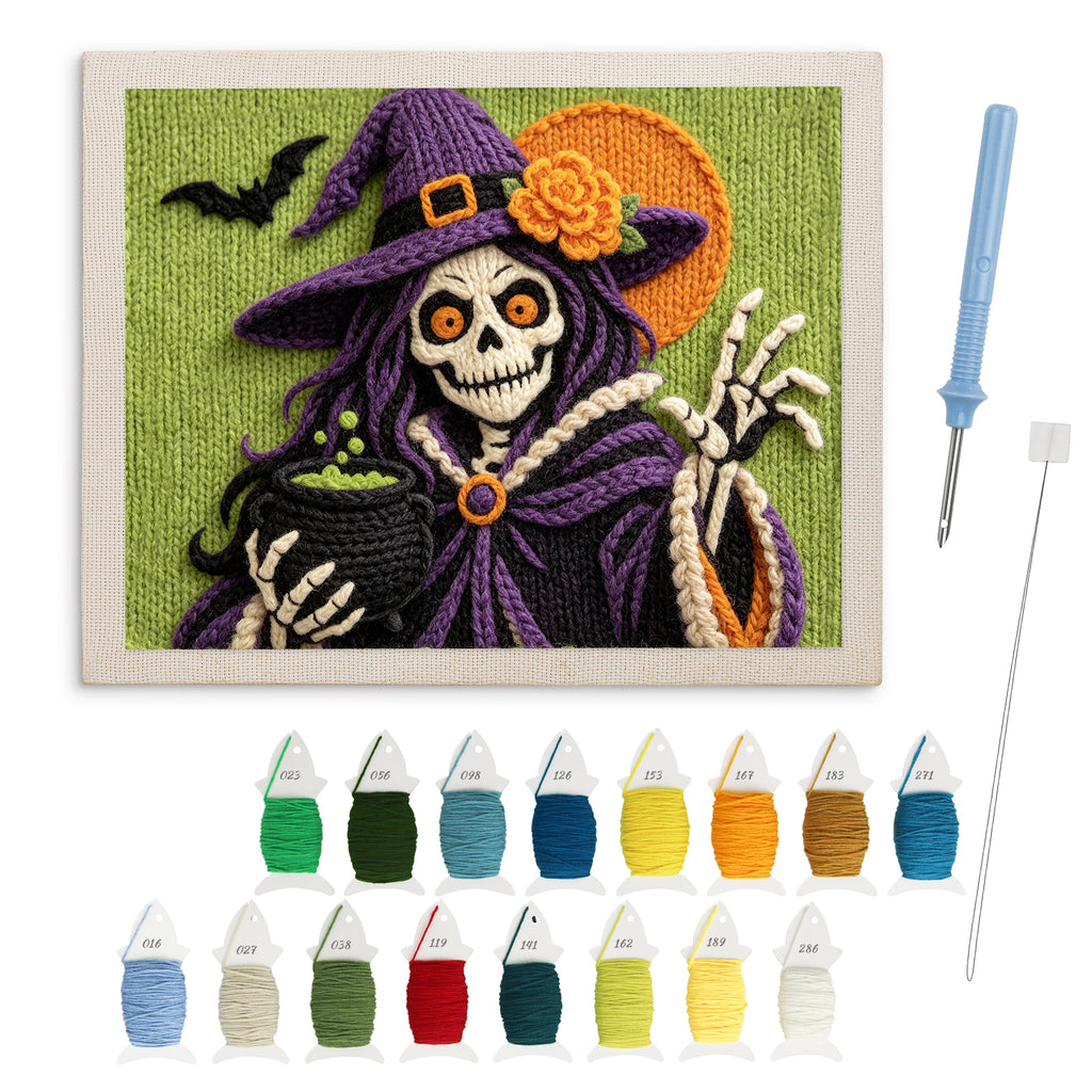 Skeleton Witch with Pearls punch needle kit: finished canvas with threads, punch needle and threader