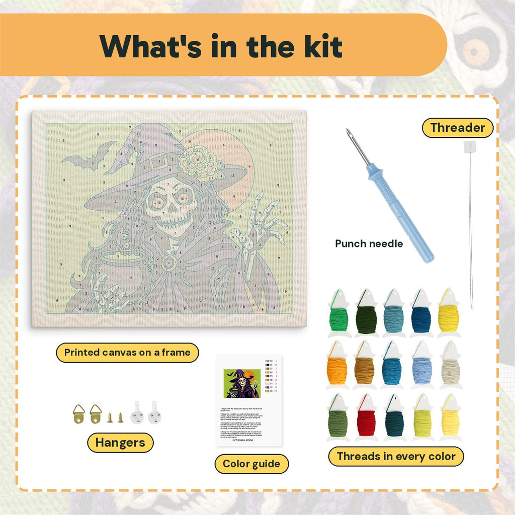 What is in the Skeleton Witch with Pearls kit: printed canvas, punch needle, threader, threads, color guide and hangers
