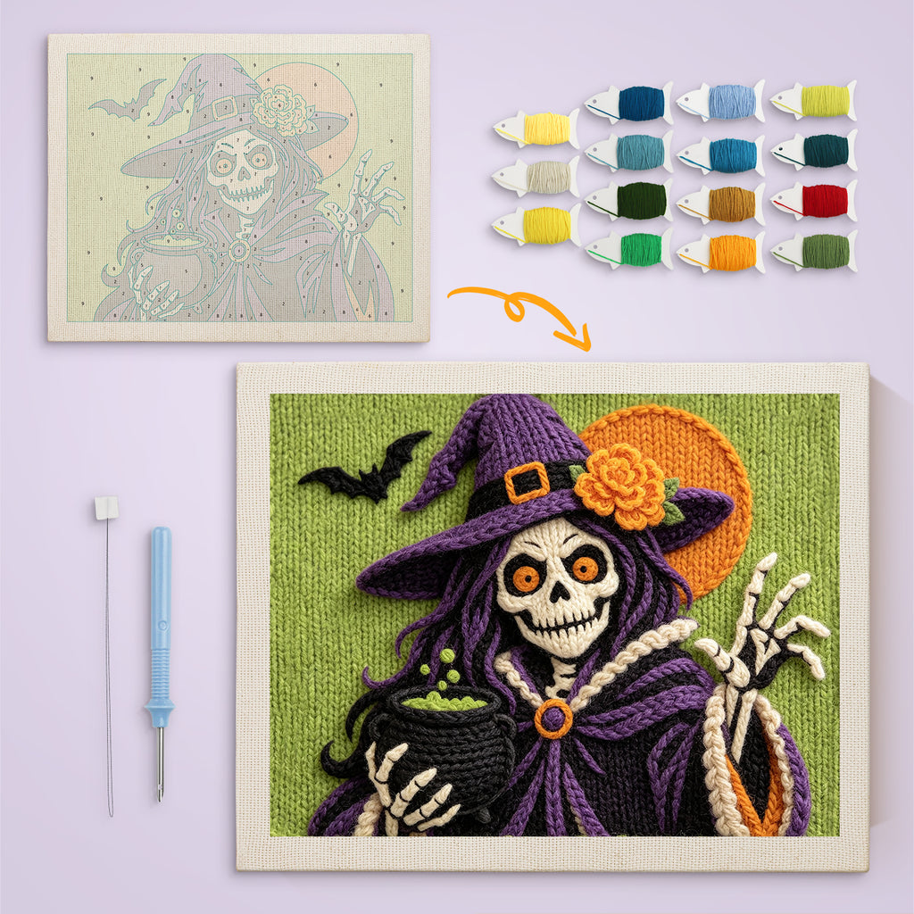 Skeleton Witch with Pearls canvas before and after punching, with the threads and tools