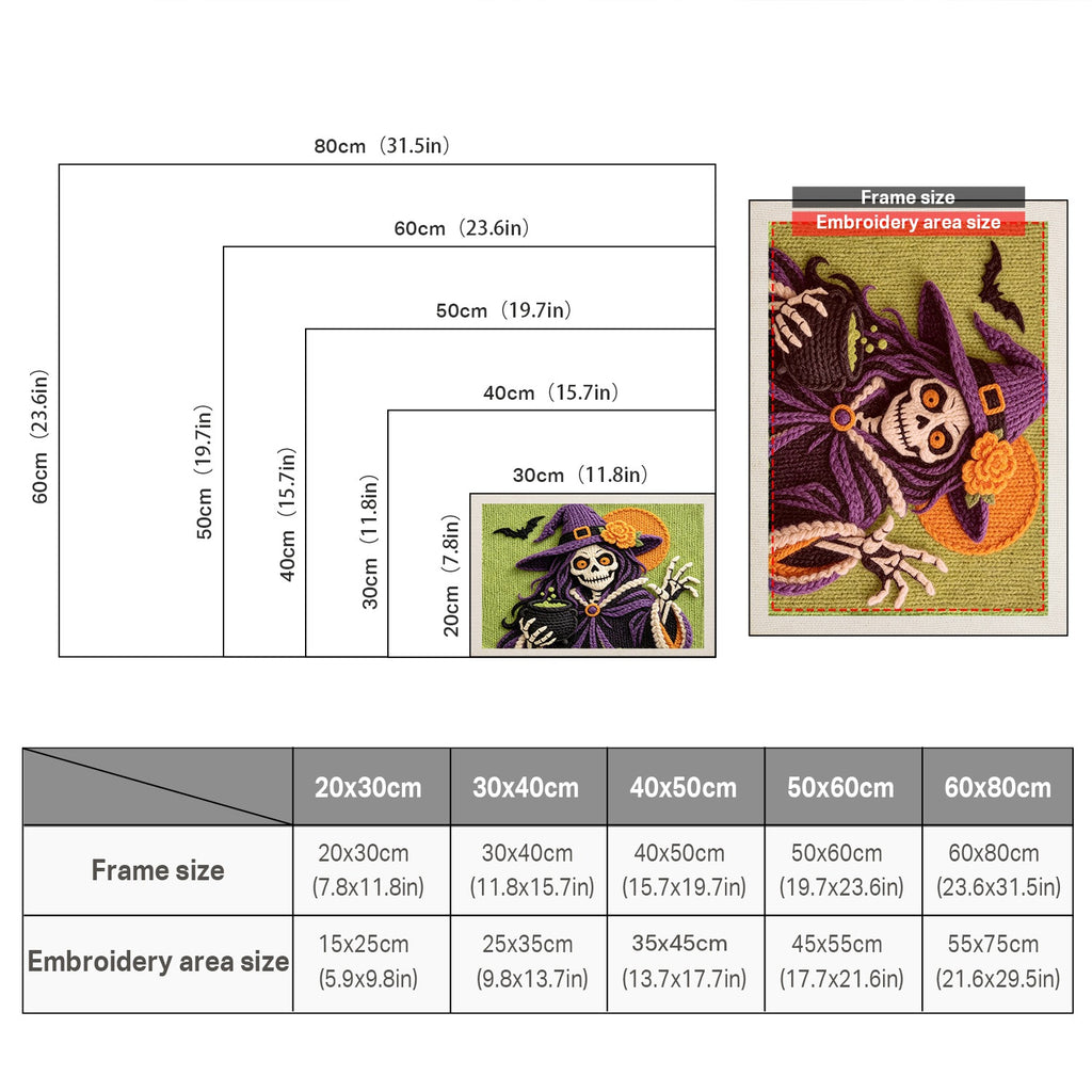 Size chart for punch needle kits from 20 x 30 cm to 60 x 80 cm