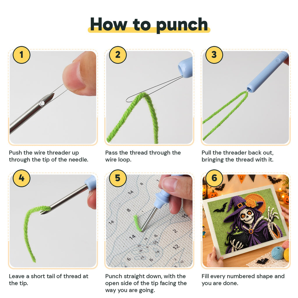 Six steps showing how to thread and use the punch needle