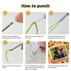 Six steps showing how to thread and use the punch needle
