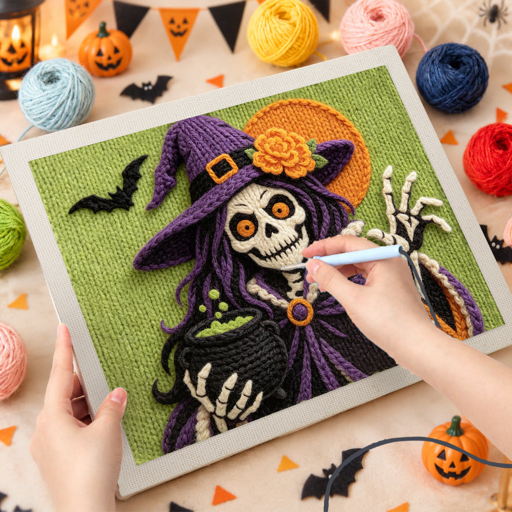 Punching the Skeleton Witch with Pearls design with the punch needle