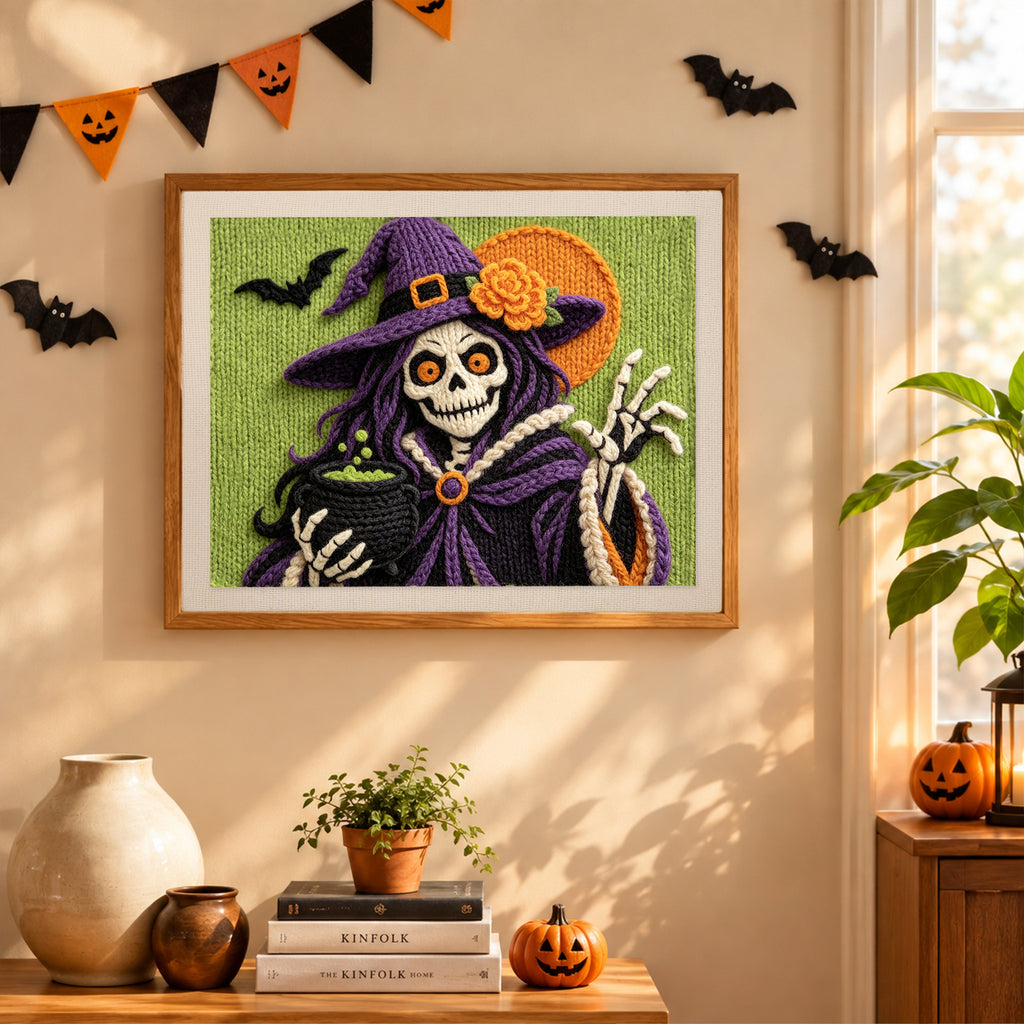 Finished Skeleton Witch with Pearls punch needle canvas on a wall
