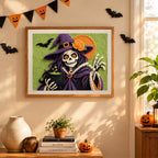 Finished Skeleton Witch with Pearls punch needle canvas on a wall