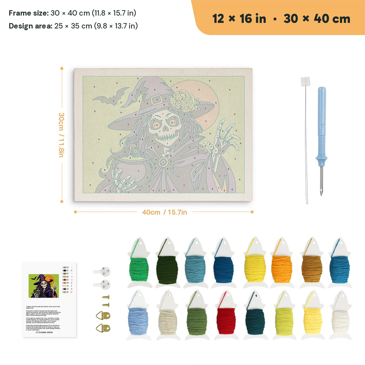 Skeleton Witch with Pearls punch needle kit, 12 × 16 in (30 × 40 cm): canvas size and kit contents