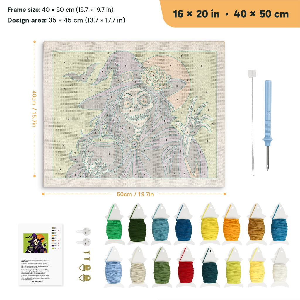 Skeleton Witch with Pearls punch needle kit, 16 × 20 in (40 × 50 cm): canvas size and kit contents