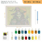 Skeleton Witch with Pearls punch needle kit, 16 × 20 in (40 × 50 cm): canvas size and kit contents