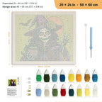 Skeleton Witch with Pearls punch needle kit, 20 × 24 in (50 × 60 cm): canvas size and kit contents