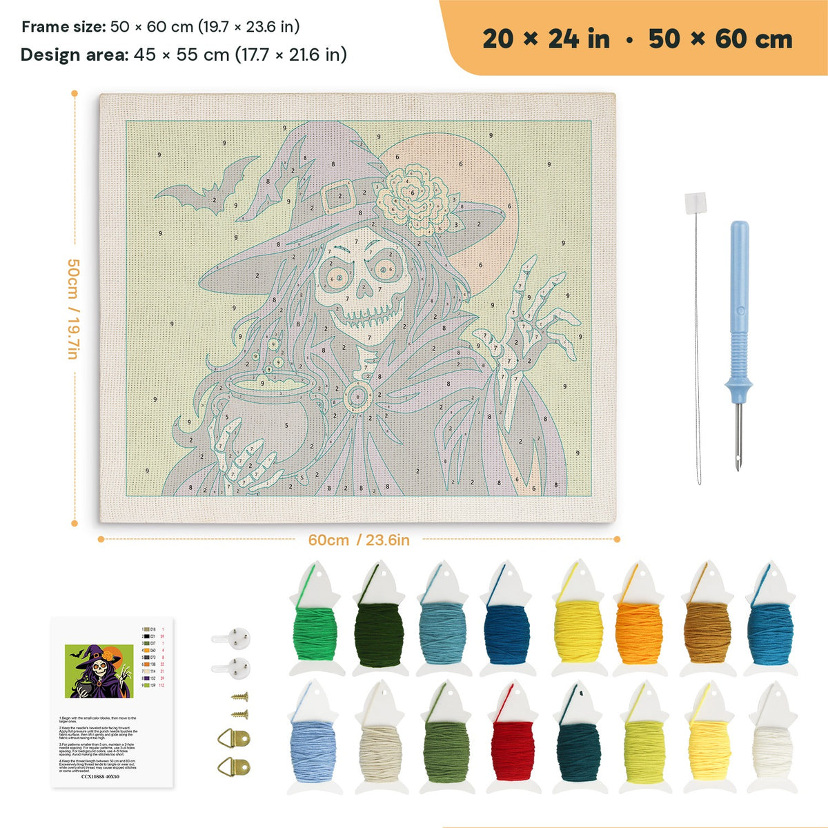 Skeleton Witch with Pearls punch needle kit, 20 × 24 in (50 × 60 cm): canvas size and kit contents