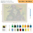 Skeleton Witch with Pearls punch needle kit, 24 × 32 in (60 × 80 cm): canvas size and kit contents