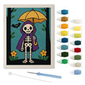 Skeleton with a Yellow Umbrella punch needle kit: finished canvas with threads, punch needle and threader