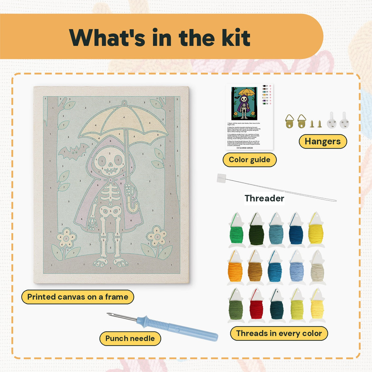 What is in the Skeleton with a Yellow Umbrella kit: printed canvas, punch needle, threader, threads, color guide and hangers