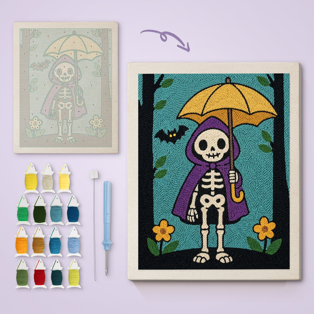 Skeleton with a Yellow Umbrella canvas before and after punching, with the threads and tools