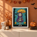 Finished Skeleton with a Yellow Umbrella punch needle canvas on a wall