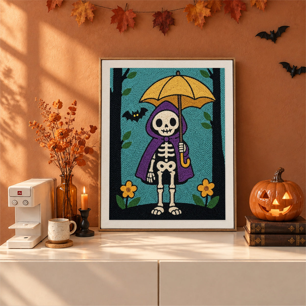 Finished Skeleton with a Yellow Umbrella punch needle canvas on a wall