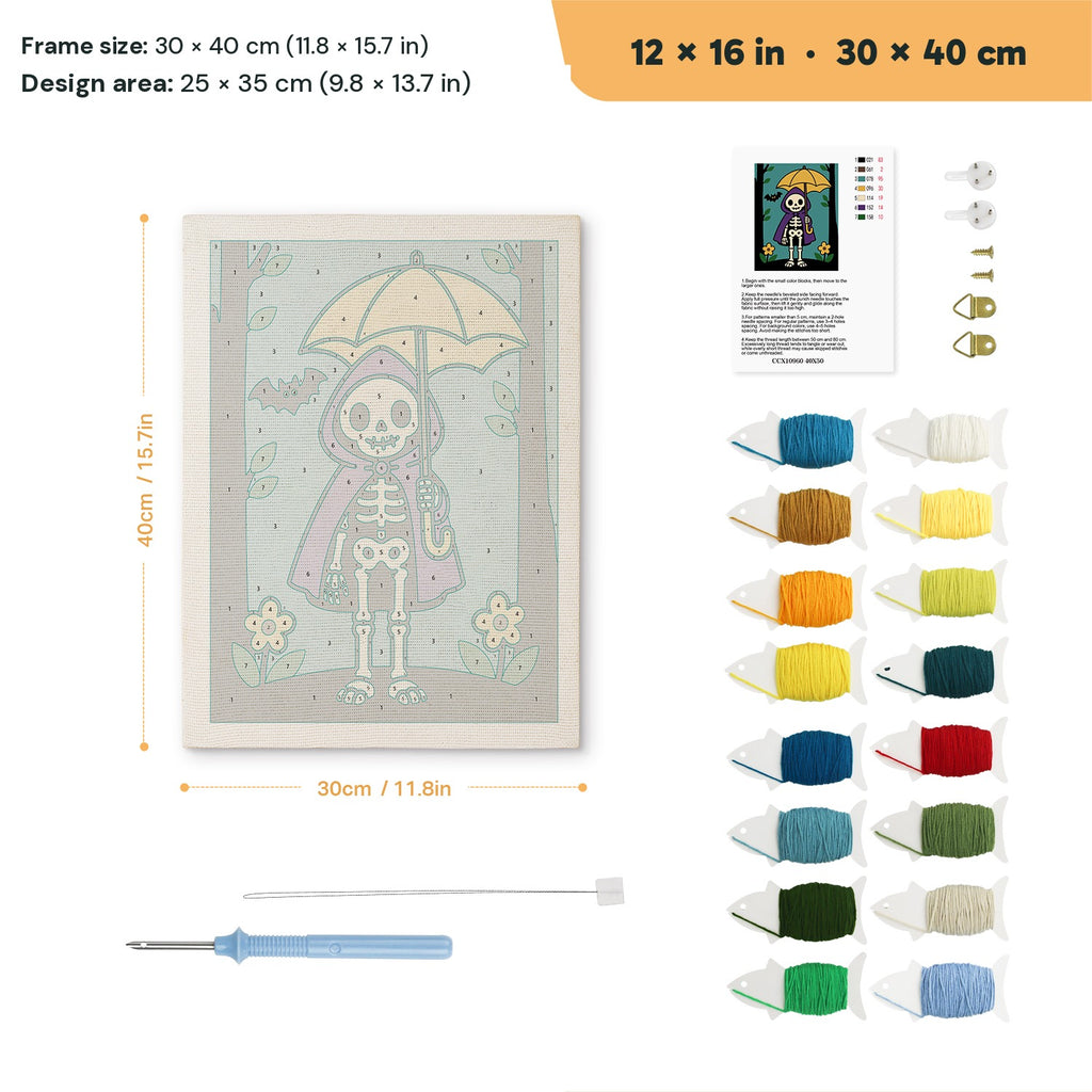 Skeleton with a Yellow Umbrella punch needle kit, 12 × 16 in (30 × 40 cm): canvas size and kit contents