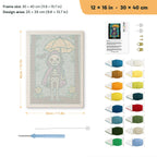 Skeleton with a Yellow Umbrella punch needle kit, 12 × 16 in (30 × 40 cm): canvas size and kit contents