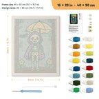 Skeleton with a Yellow Umbrella punch needle kit, 16 × 20 in (40 × 50 cm): canvas size and kit contents