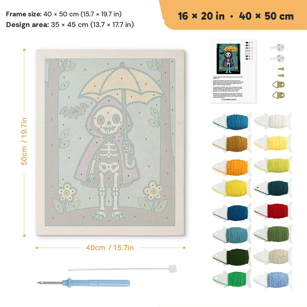 Skeleton with a Yellow Umbrella punch needle kit, 16 × 20 in (40 × 50 cm): canvas size and kit contents