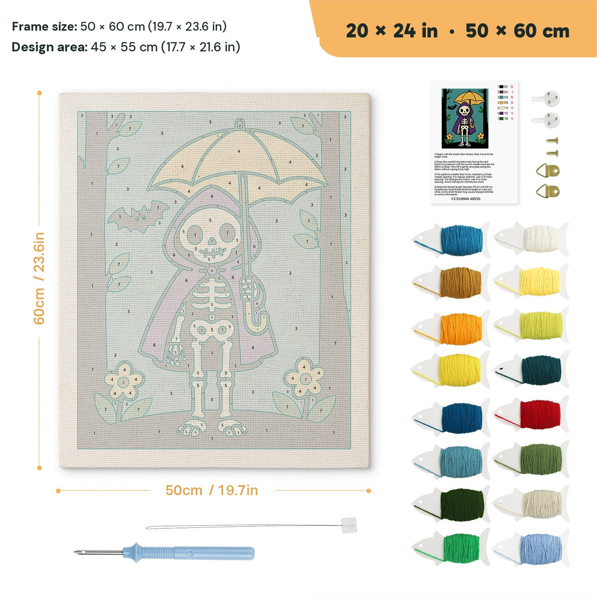 Skeleton with a Yellow Umbrella punch needle kit, 20 × 24 in (50 × 60 cm): canvas size and kit contents