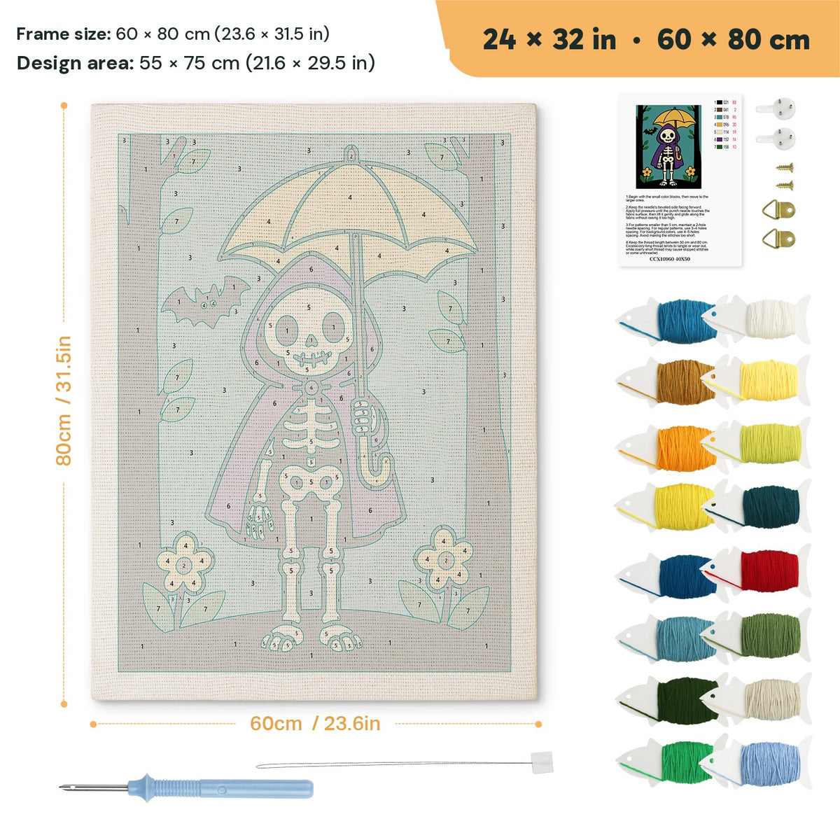 Skeleton with a Yellow Umbrella punch needle kit, 24 × 32 in (60 × 80 cm): canvas size and kit contents