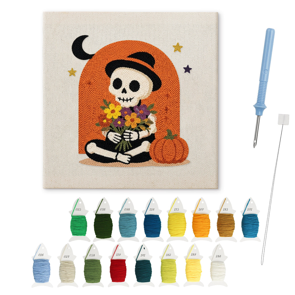 Skeleton with Bouquet punch needle kit: finished canvas with threads, punch needle and threader