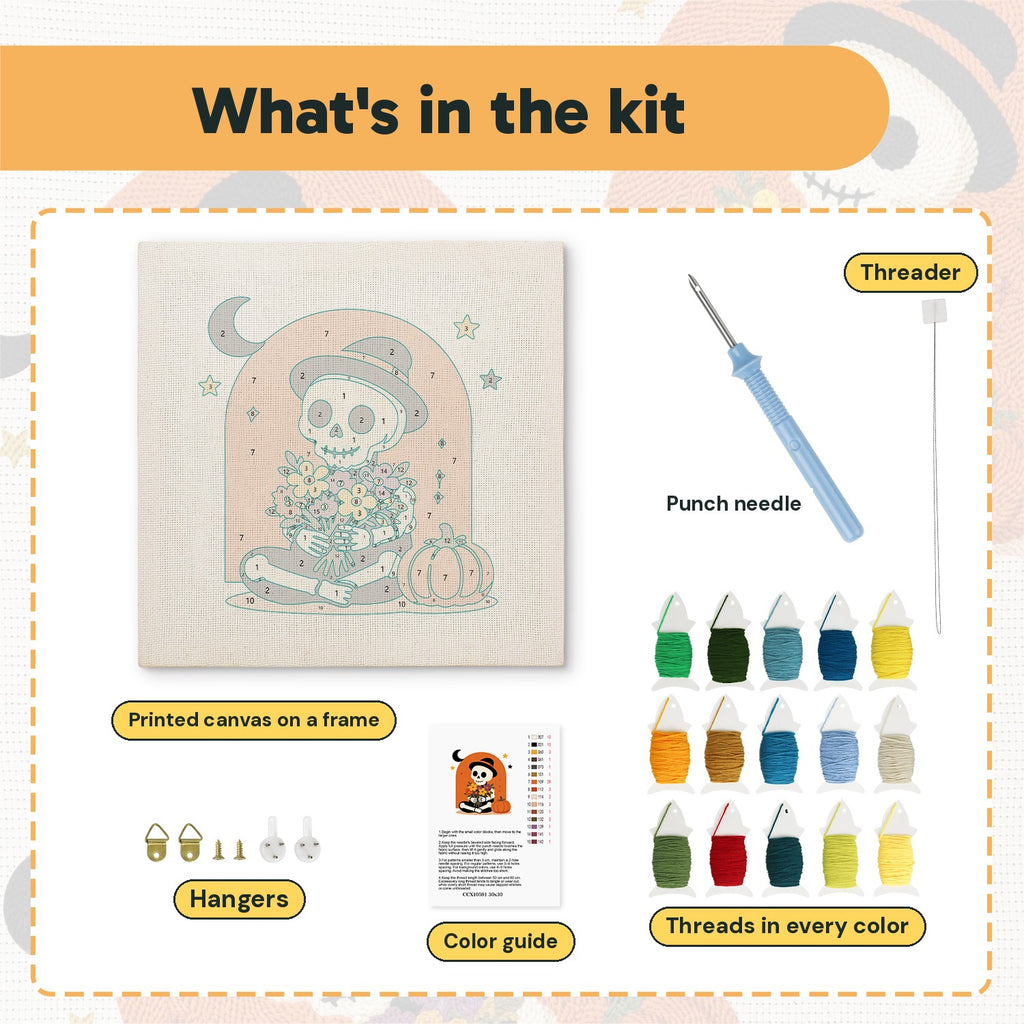 What is in the Skeleton with Bouquet kit: printed canvas, punch needle, threader, threads, color guide and hangers