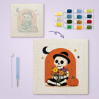 Skeleton with Bouquet canvas before and after punching, with the threads and tools