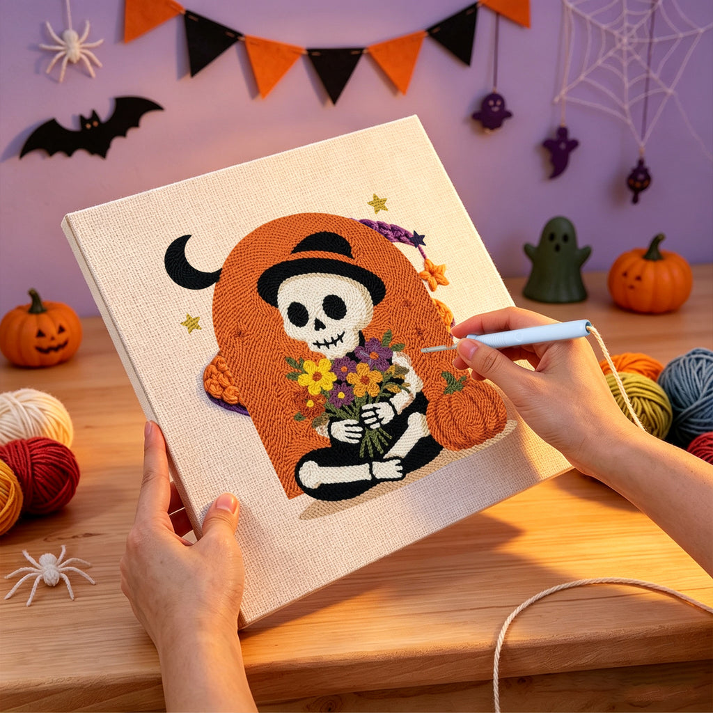 Punching the Skeleton with Bouquet design with the punch needle