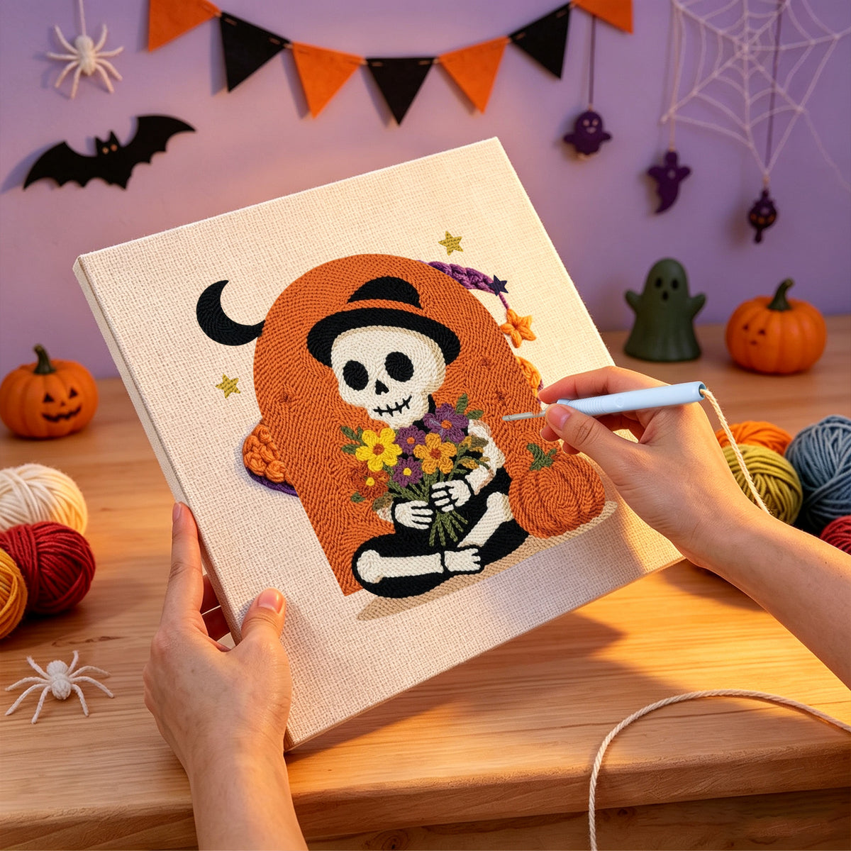 Punching the Skeleton with Bouquet design with the punch needle