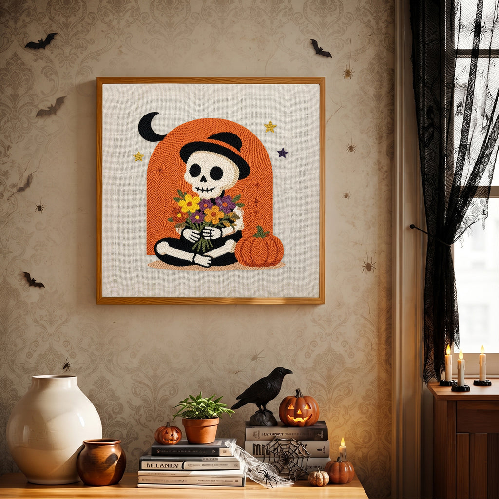 Finished Skeleton with Bouquet punch needle canvas on a wall