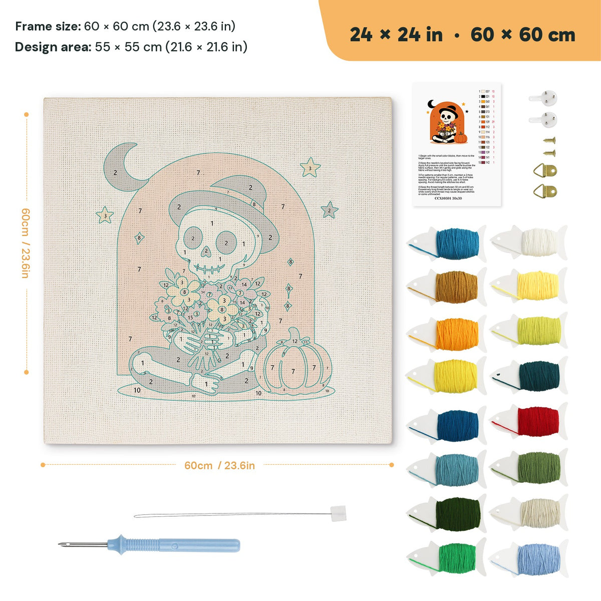 Skeleton with Bouquet punch needle kit, 24 × 24 in (60 × 60 cm): canvas size and kit contents